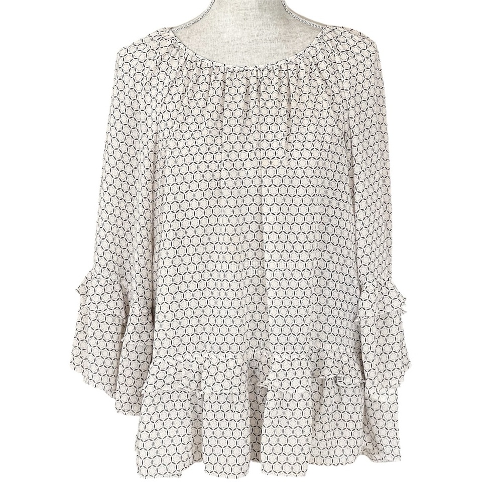 Max Studio Ruffle Blouse Semi Sheer Geometrical Floral Print Boho Top Small